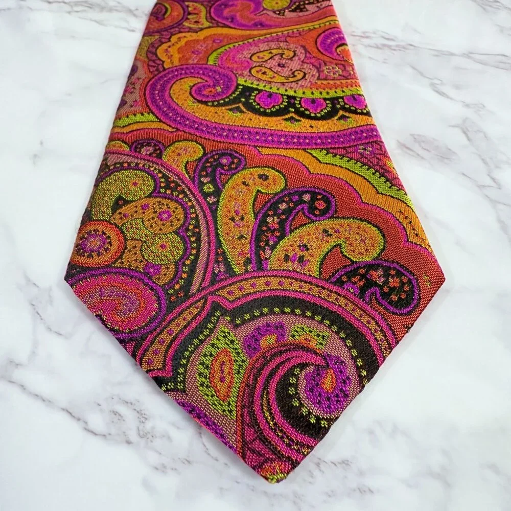 Ted Baker London 100% Silk Paisley Necktie Pink Gold Mustard Made In USA Retro - Picture 11 of 11